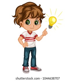 Cute Cartoon Boy in Sport Clothes Showing a Light Bulb. Idea Concept. Happy Little Kid Vector Illustration
