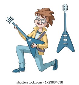 Cute cartoon boy standing knee and playing the electric guitar. Young guitarist. Music lesson. Isolated objects on white. Decor element for kids products (room, clothes, stationery). 