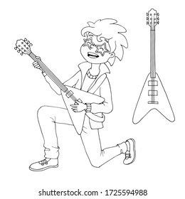 Cute cartoon boy standing knee and playing the electric guitar. Young guitarist. Music lesson. Decor element for kids products. White and black vector illustration for coloring book.