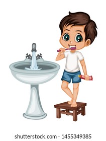 Cute Cartoon Boy Standing on a Chair and Brushing His Teeth. Little Kid Vector Illustration Holding a Tooth Paste and Tooth Brush Standing Next to Sink