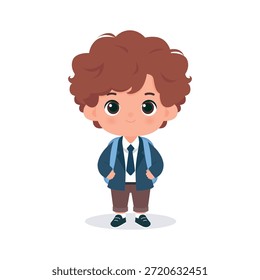 Niño lindo de la historieta con la mochila en la ilustración del uniforme escolar