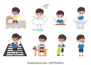 Cute cartoon boy student character. Cartoon Kid in daily routine activity pose.