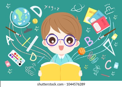 cute cartoon boy student read book with blackboard