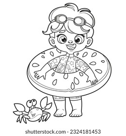 Cute cartoon boy in a swimsuit and with watermelon inflatable ring for swimming outlined for coloring page on white background