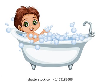 Cute Cartoon Boy Taking Bath. Little Kid Vector Illustration In a Bath Tube Playing with Soap with Bubbles Isolated on White Background