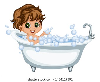 Cute Cartoon Boy Taking Bath. Little Kid Vector Illustration In a Bath Tube Playing with Soap with Bubbles Isolated on White Background