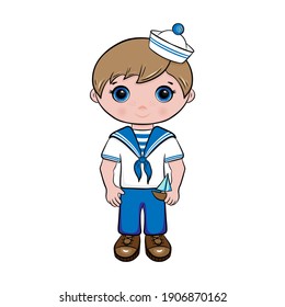 Cute cartoon boy with toy sailboat. Vector illustration, isolated on white background.