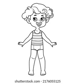 Cute cartoon boy with tufted hair dressed in underwear barefoot outline for coloring on a white background 