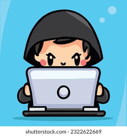 Cute cartoon boy using laptop, vector illustration