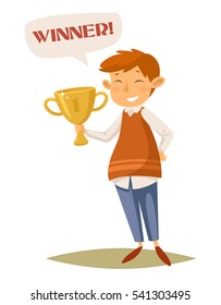 Cute cartoon boy in a vest and jeans holding a winner's trophy. First place. Study. Victory. First place. Character