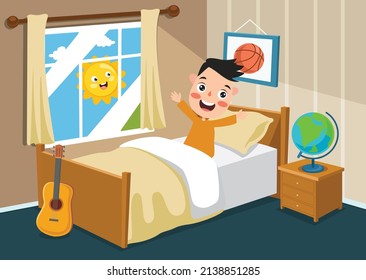 Cute Cartoon Boy Waking From Sleep In Bed. Good Morning, Sun Rising, Bedroom Flat Illustration