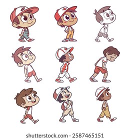 Cute Cartoon Boy Walking Character Set for Illustrations