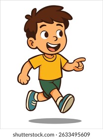 Cute cartoon boy walking while pointing forward with a cheerful expression. This child character is wearing a yellow t-shirt and green shorts, giving a sense of direction and excitement. 