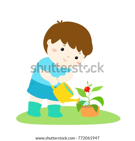 Cute Cartoon Boy Watering Plant Vector Stock Vector (Royalty Free ...