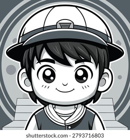 Cute cartoon boy wearing cap monochrome graphic with versatile graphic