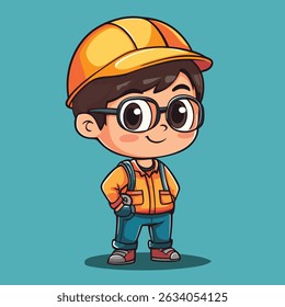 A cute cartoon boy, wearing glasses, a hard hat, and an orange jacket, stands confidently with hands on hips.