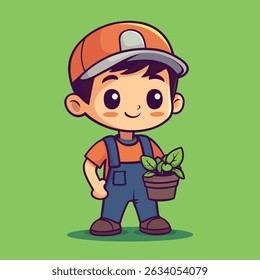 A cute cartoon boy, wearing an orange cap and overalls, holds a small potted plant.