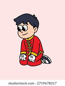 Um menino bonito de desenho animado vestindo um vermelho tradicional chinês roupa arcos respeitosamente. Personagem de Ano Novo Lunar.