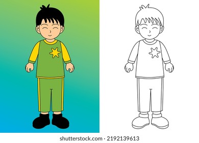 Cute cartoon boy wearing training suit. Sports themed coloring book. Vector Illustration