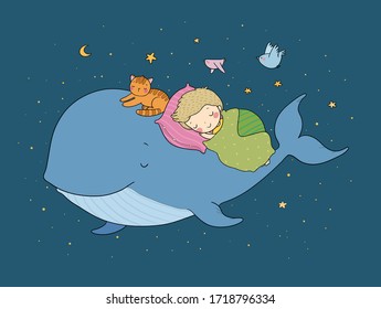 Cute cartoon boy and whale. Good night. time to sleep.