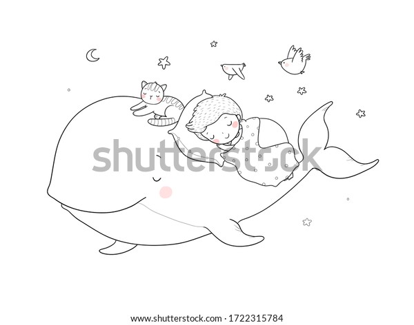 Cute cartoon boy and whale. Good night. time to sleep. Coloring page