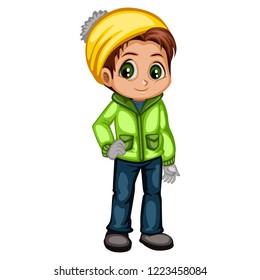 Cute Cartoon Boy In Winter Clothes Coat, Boots and Hat Scarf. Little Kid in Christmas Outfit Isolated on White Background