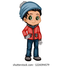 Cute Cartoon Boy In Winter Clothes Coat, Boots and Hat Scarf. Little Kid in Christmas Outfit Isolated on White Background