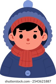 Niño lindo de la historieta en ropa del invierno con la bufanda roja y el sombrero azul