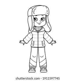 Cute Cartoon Boy In A Winter Insulated Suit And Hat With Earflaps With Fur Outline For Coloring On White Background