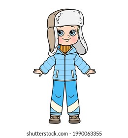 Cute cartoon boy in a winter insulated suit and hat with earflaps with fur color variation for coloring on white background