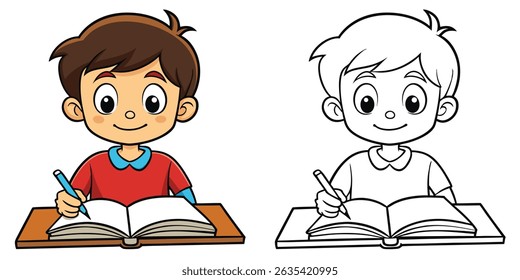 Garoto Desenho Animado Bonito Escrevendo Em Uma Página De Coloração De Livro Para Crianças Imprimível Contorno Vetor Ilustração