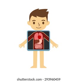 Cute cartoon boy with x-ray screen showing his internal organs. Element of educational infographics for kids.