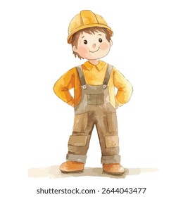 Um menino bonito de desenho animado com um chapéu duro amarelo, camisa amarela e macacão marrom está sorrindo com as mãos nos quadris.