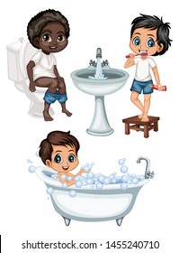 Cute Cartoon Boys in a Bathroom Daily Routine Activities Vector Illustration. Brushing Teeth, Sitting on a Toilet, Taking Bath and Playing with Soap Bubbles Isolated on White Background