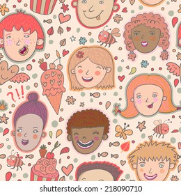 Cute cartoon boys and girls smiling with cupcakes and icecream. Seamless pattern can be used for pattern fills, web page backgrounds, surface textures.