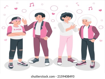 Cute Cartoon Boys Stickers. BTS Idols. K-pop Music Fan. Vector Illustration. Korean Boy Band BTS In Cartoon Vector. BTS Family Art Illustration Vector. Happy Teenager In Casual Clothes.