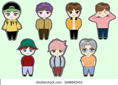 Cute cartoon boys stickers. South korean popular music fan.  For banner, greeting card, t-shirt, sticker, tag, bag print.