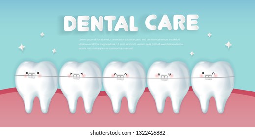 cute cartoon brace tooth with health concept on green background