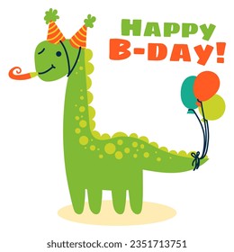 Baco de dibujos animados en un sombrero festivo y globos. Ilustración plana de un dinosaurio festivo para niños. El concepto de Feliz cumpleaños. El carácter de animal vector es perfecto para las tarjetas de felicitación