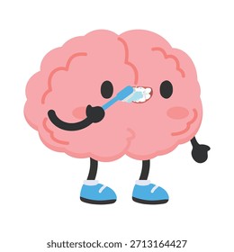 Un lindo cerebro de dibujos animados cepillándose los dientes en un divertido estilo temático de salud Ideal para la educación del bienestar cuidado dental salud mental gráficos niños diseños y conceptos positivos