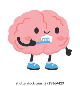 Un lindo cerebro de dibujos animados cepillándose los dientes en un estilo divertido y saludable Ideal para la educación del bienestar cuidado dental salud mental gráficos niños diseños y conceptos positivos
