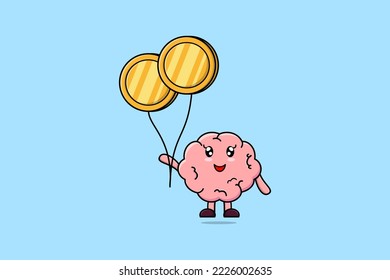 Cute cartoon Brain businessman floating with gold coin balloon cartoon vector illustration