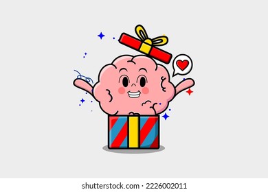 Cute cartoon Brain character coming out from big gift box look so happy flat cartoon style