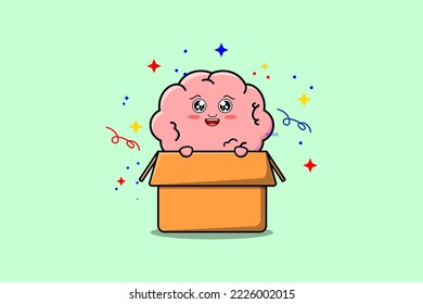 Cute cartoon Brain character coming out from box in flat style cartoon vector icon illustration