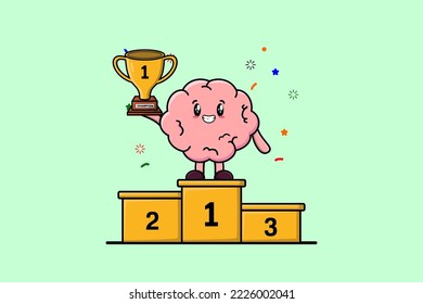 Cute cartoon Brain character as the first winner with happy expression in modern illustration
