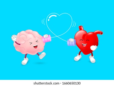 Cute cartoon brain character and heart talking on the can phone. Connection between human internal organs. Illustration isolated on blue background.