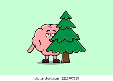 Cute cartoon Brain character hiding tree in flat modern design in modern style design