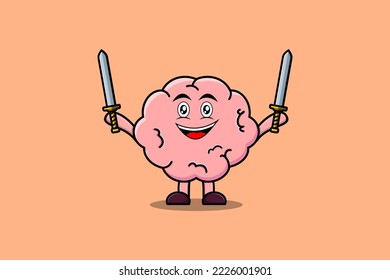 Cute cartoon Brain character holding two sword in 3d modern design illustration