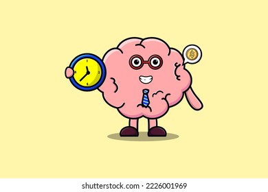 Cute cartoon Brain character holding clock illustration with happy expression