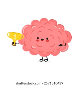Cute cartoon brain character holding a trophy on white background